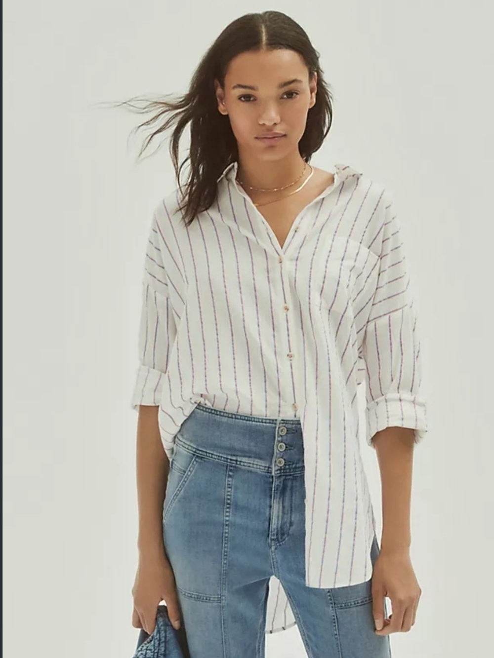 Pilcro and the Letterpress White Button-Down with Thin Navy Stripes